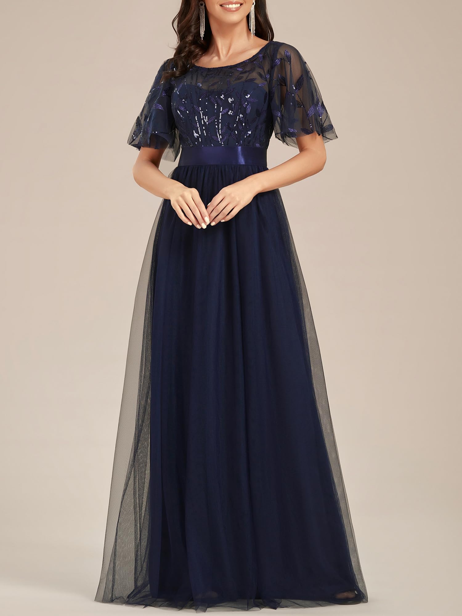 Ever-Pretty Damen Abendkleid A-Linie Spitze Kurze Ärmel Partykleid lang 00904