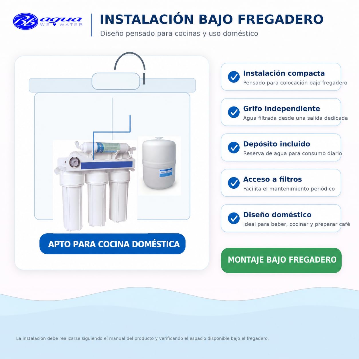 Bbagua EUR-50 – Equipo de Ósmosis Inversa 5 Etapas para Casa | Reduce Cal, Cloro y Sales | Agua Purificada de Baja Mineralización | Sistema Bajo Fregadero con Filtros y Membrana