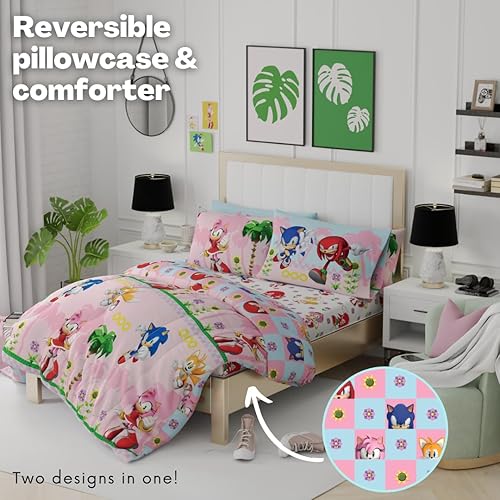 Miniatura 4 de Franco - Juego de edredón y sábanas supersuaves con funda de almohada, anime, para niñas, 7 piezas, tamaño matrimonial, Sonic (producto con licencia