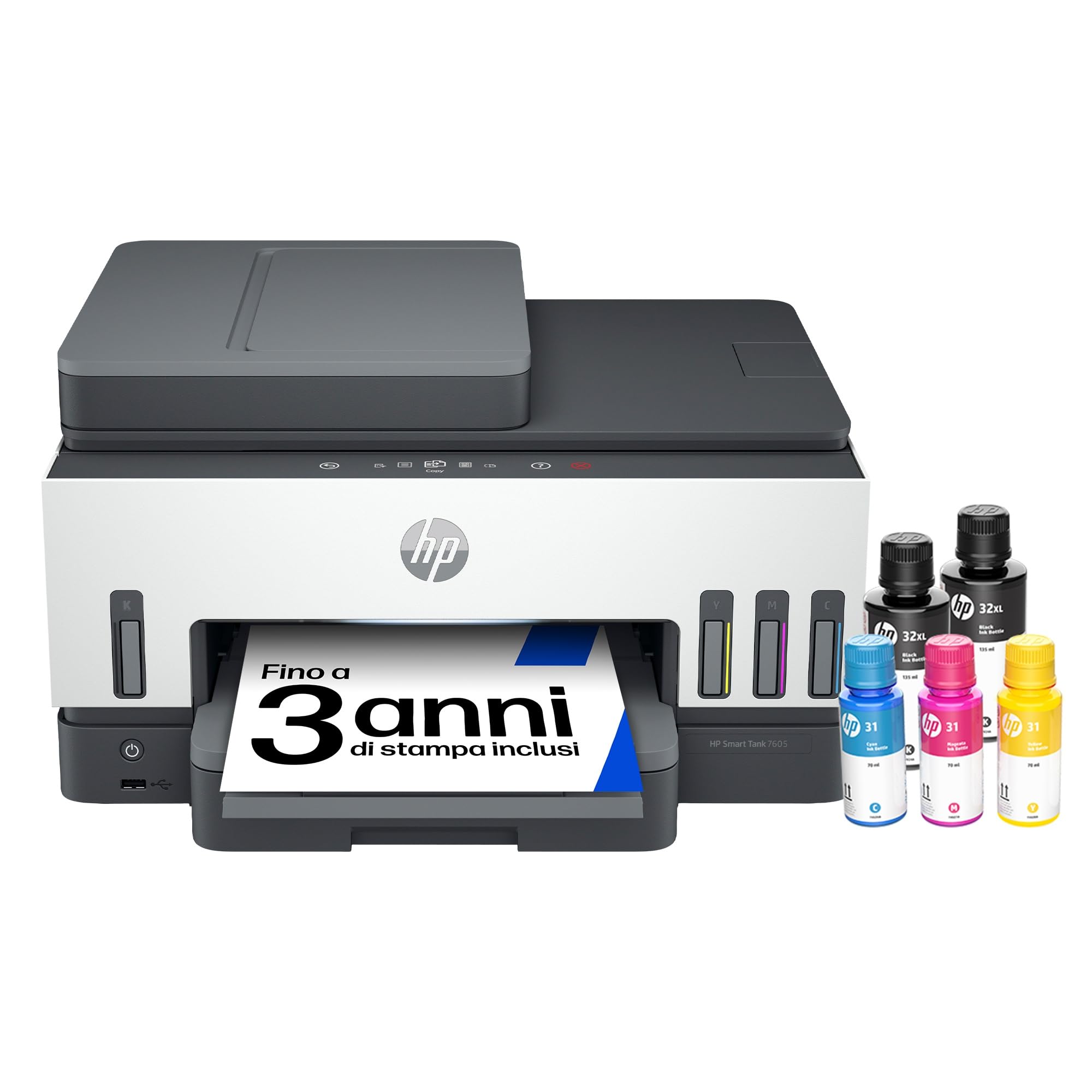 HP Smart Tank 7605 28C02A, Stampante Multifunzione a Colori, Serbatoio d'Inchiostro ad Alto Volume di Stampa, Fino a 12000 Pagine (Nero) e 8000 Pagine (Colore), F/​R Automatica, Wi-​Fi, Grigia