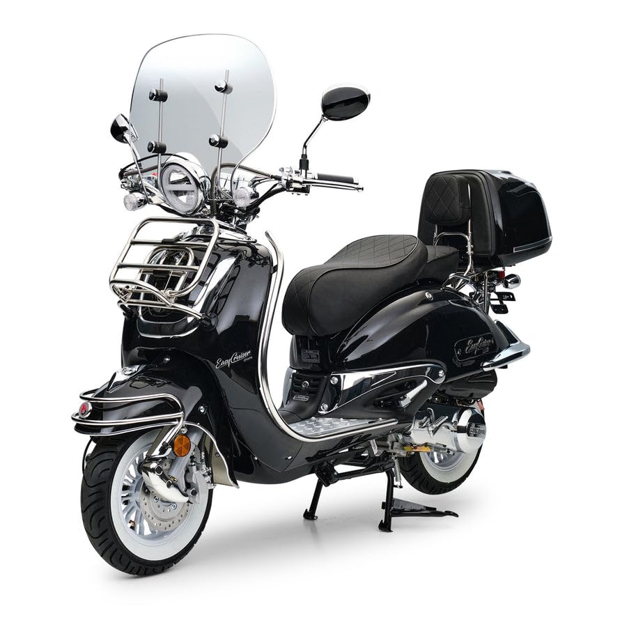 Burnout Motorroller 125cc EasyCruiser Schwarz, Euro 5+, Einspritzmotor 9 PS (6,3 kW), 85 km/h, Windschild, USB-Anschluss, Topcase, LED, Zweisitzer, Weißwandreifen, Chrompaket