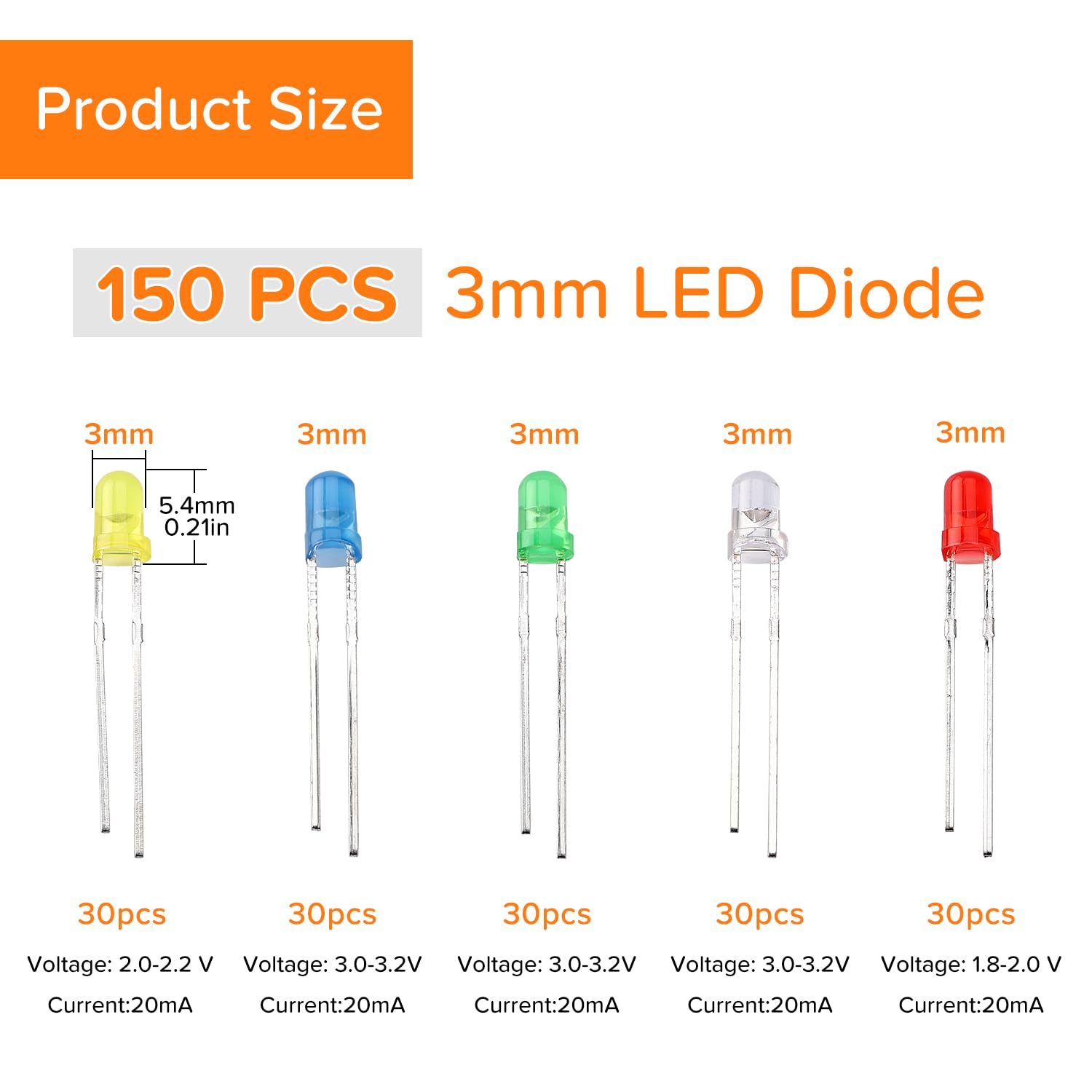 LED Diodo 3mm 2-Pin Testa Rotonda Bianco Rosso Giallo Verde Blu 150 Pezzi
