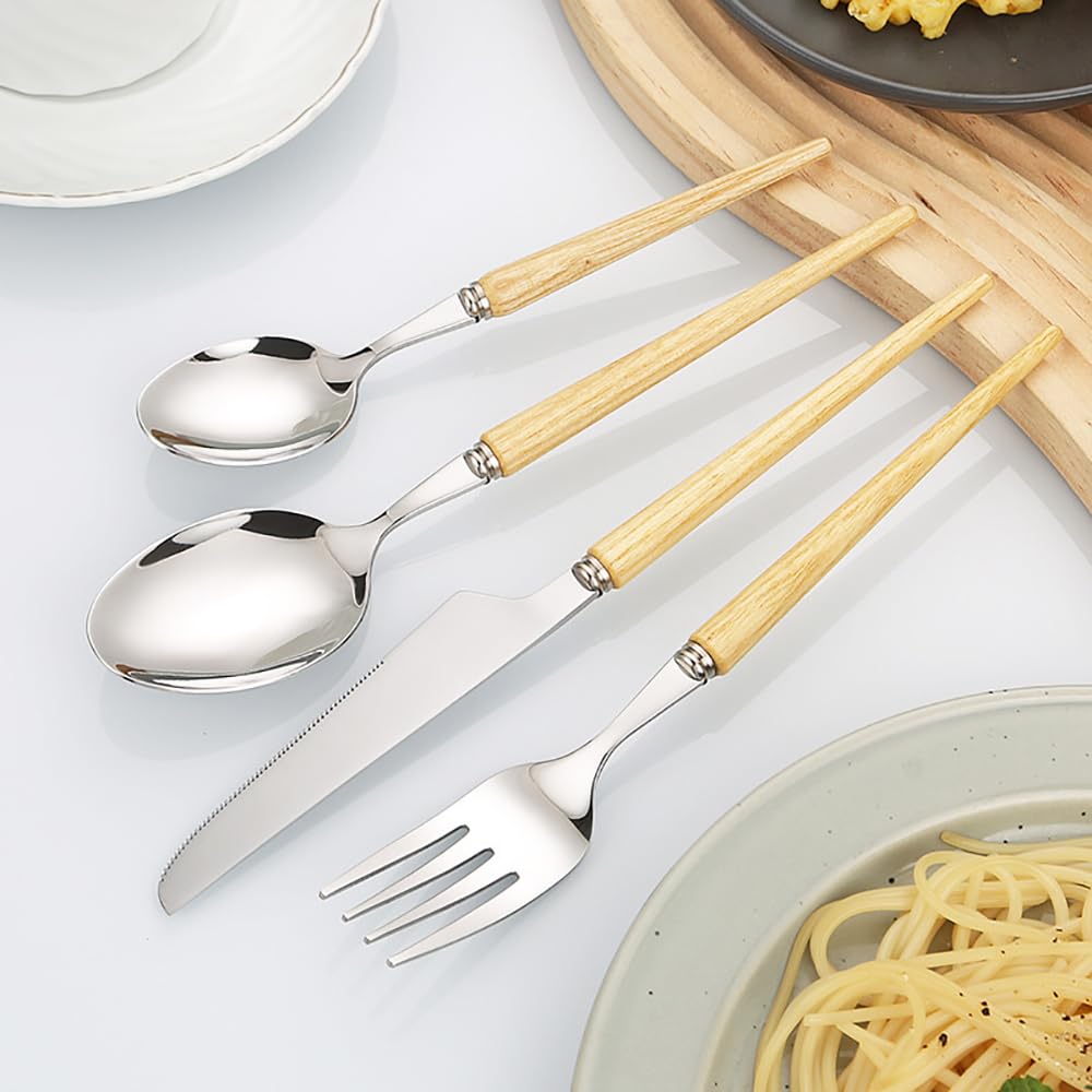 Zestaw Sztućców Ze Stali Nierdzewnej, 24 Elementy, Uchwyty Z Drewna, Sztućce Dla 6 Osób - Nóż Obiadowy, Widelec Obiadowy, Łyżka Obiadowa, Łyżeczka Deserowa, Typ 2, 32 Szt. Dla 8 Osób