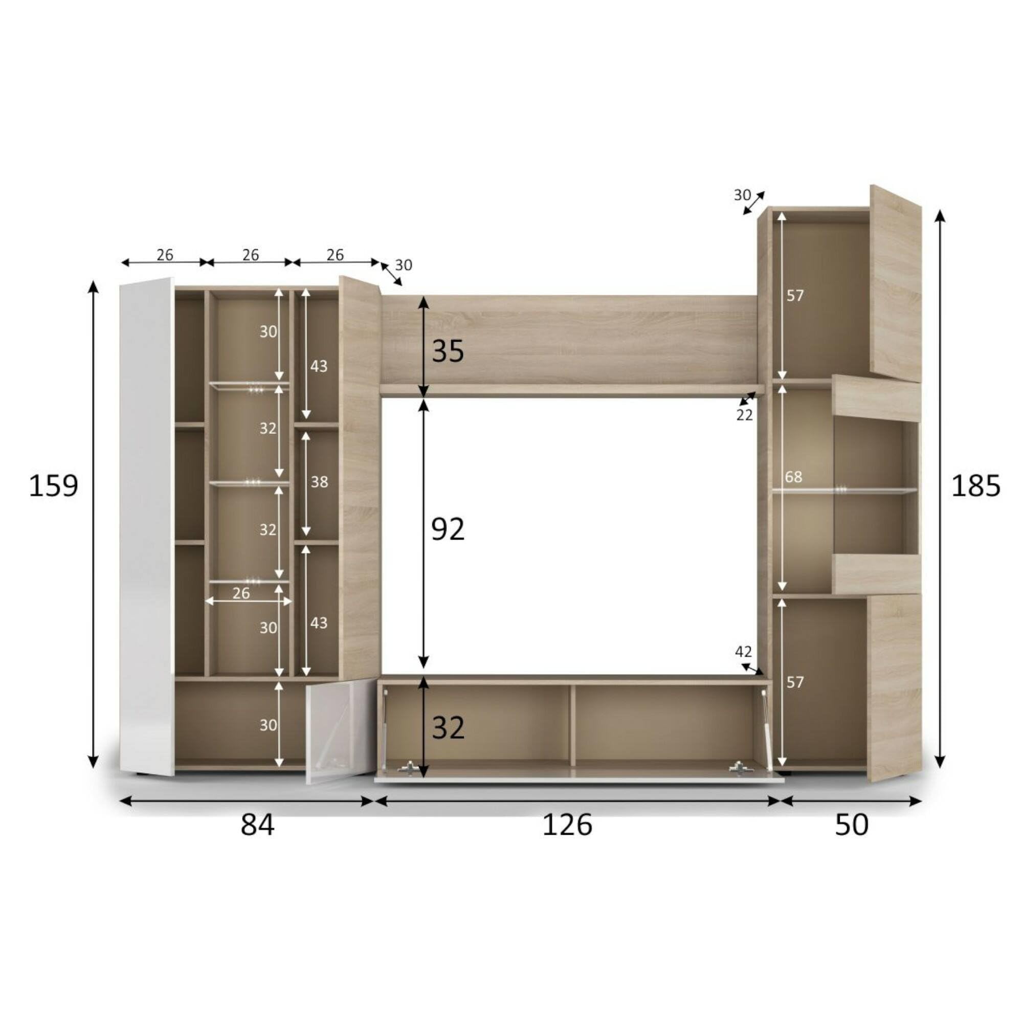 Habitdesign Modèle Essential Meuble TV compact 260 cm, finition chêne canadien et blanc brillant, dimensions : 185 x 260 x 42 cm (H x l x P).