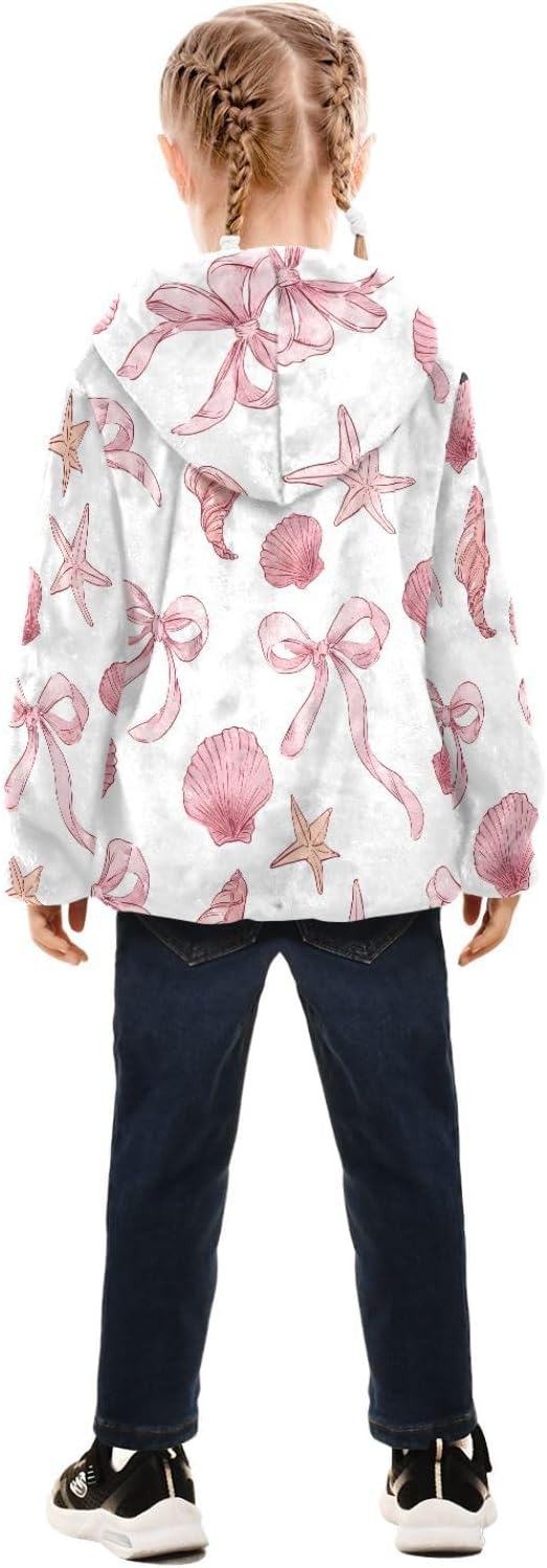 Girls Hoodie Outfit Pink Bows Shellfish Pattern Zipper Sweatshirt Coat Fleece Jacket for Kids 3-10T