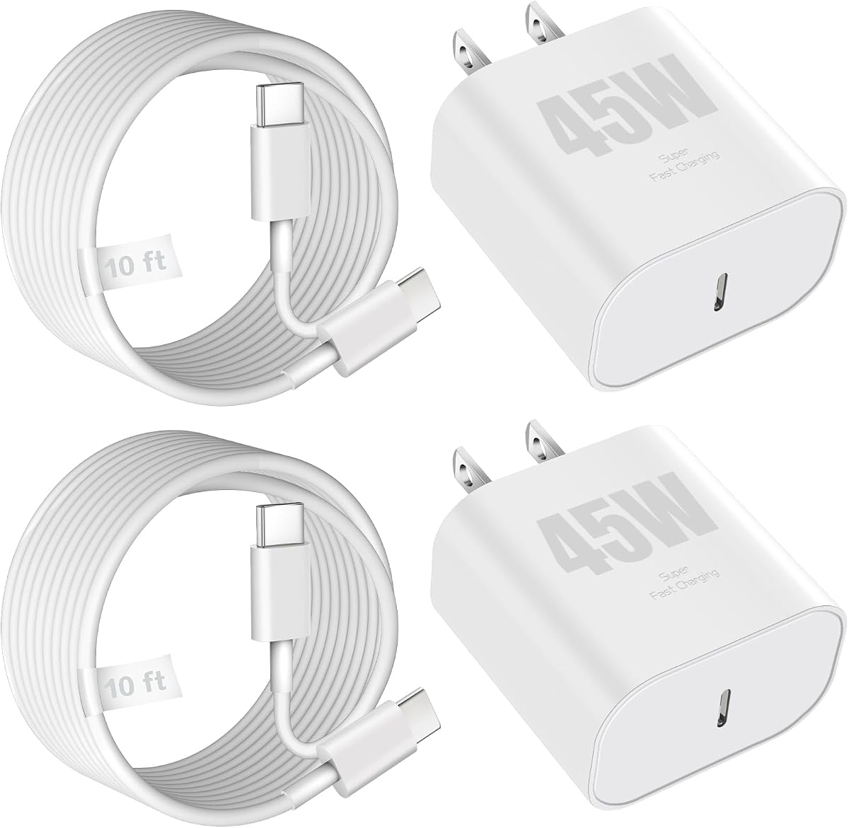 Cargador para iPhone 17 16 15, bloque de carga rápida, paquete de 2 cargadores de teléfono tipo C de 45 W, cargadores USB C rápidos, cable de carga USB C de 10 pies de largo para iPhone 17/17 Pro/17 Pro Max/17 Air/16 Pro/16 Pro Max/16e/15/15 Pro Max