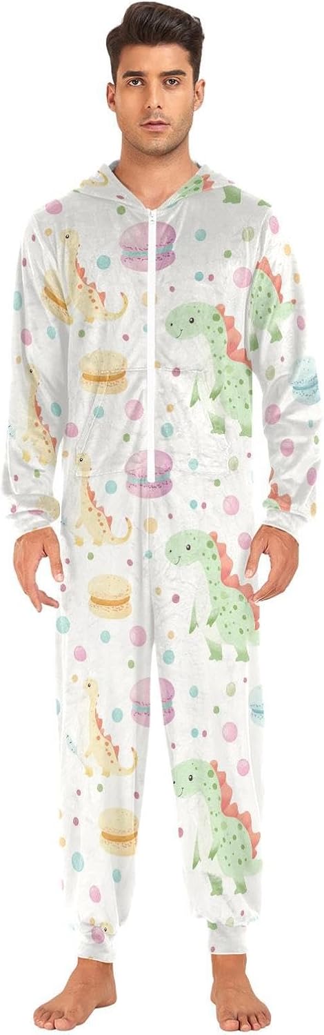 ZZKKO Dinosaur Macaron and Polka Dot Adult Onesie Pajamas for Women Men Cozy One Piece Pajamas Costume Zip-Up Hooded S-XL