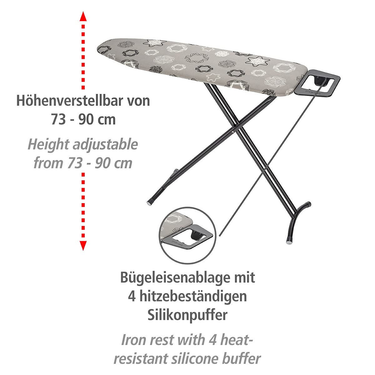 WENKO Bügeltisch Classic Black, Bügelbrett, dampfbügelgeeignet, mehrfach höhenverstellbar 73-90 cm, besonders standfest in Schwarz Ø 22/28 mm, Bügelfläche 120 x 38 cm, 8 mm Polsterung