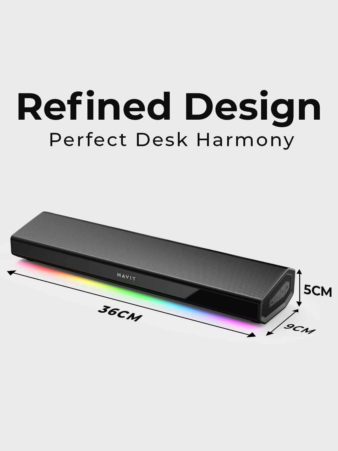 Havit Haut-parleur pour ordinateur de bureau, barre de son Bluetooth 5.3 avec éclairage LED dynamique, HiFi stéréo, haut-parleur Bluetooth portable, haut-parleur de jeu pour PC, ordinateur portable