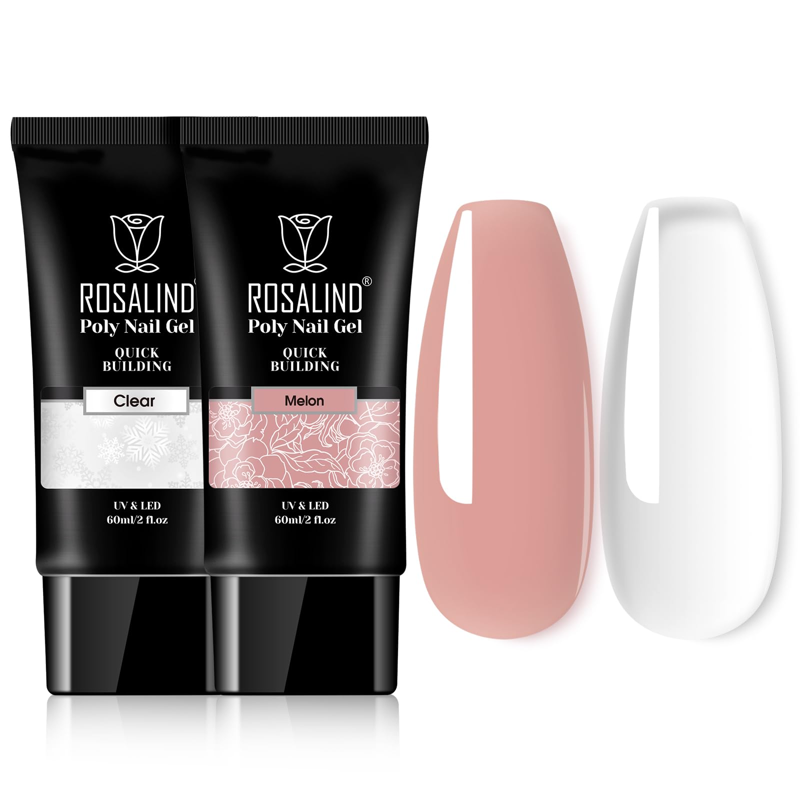 ROSALINDClear Nude Pink Acrylic Poly Extension Gel, 2 PCS 60ml Clear Poly Nail Gel kit Nail Builder for Clear Nail Art Decoration, Nail Thickening Poly Nail Gel Tube Easy to DIY Use Need UV Lamp