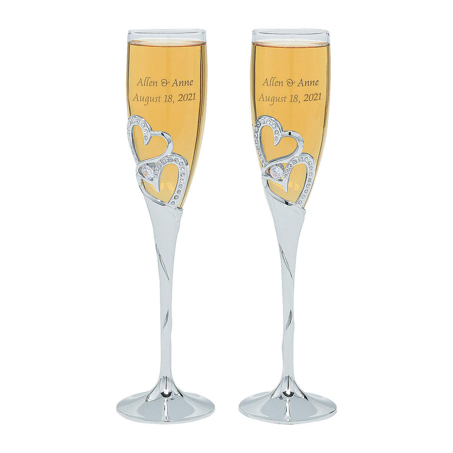 Fun Express Stacked Heart Personalized Wedding Flutes (2 pcs, 8 oz, Silver with Rhinestone Accents)