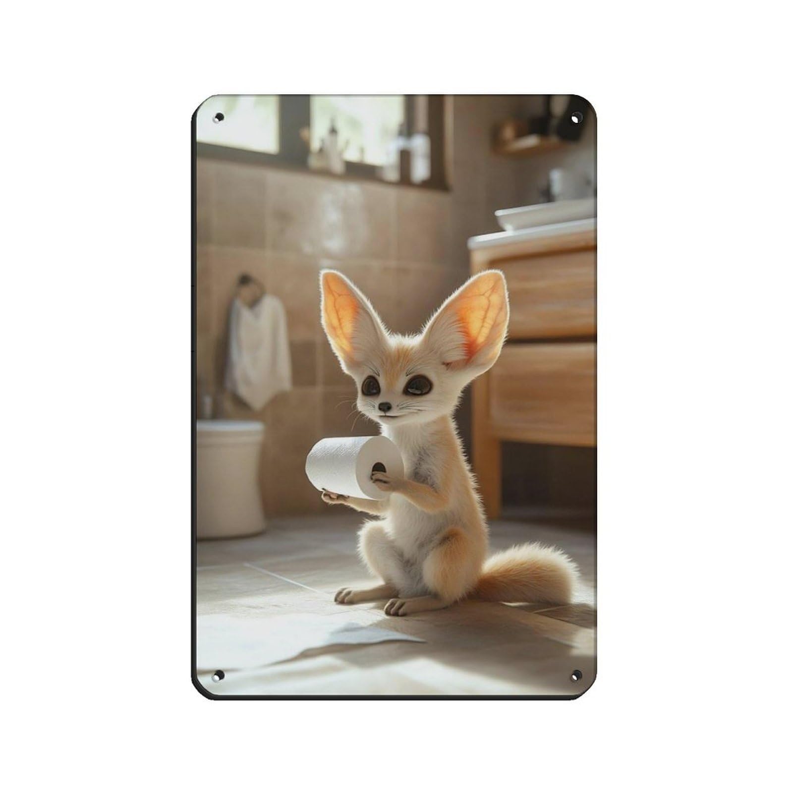 Cute Fennec Fox Holding Toilet Paper Retro Poster Metal Tin Sign Chic Art Retro Iron Painting Bar People Cave Cafe Family Garage Poster Wall Decoration 8x12inch(20x30cm)
