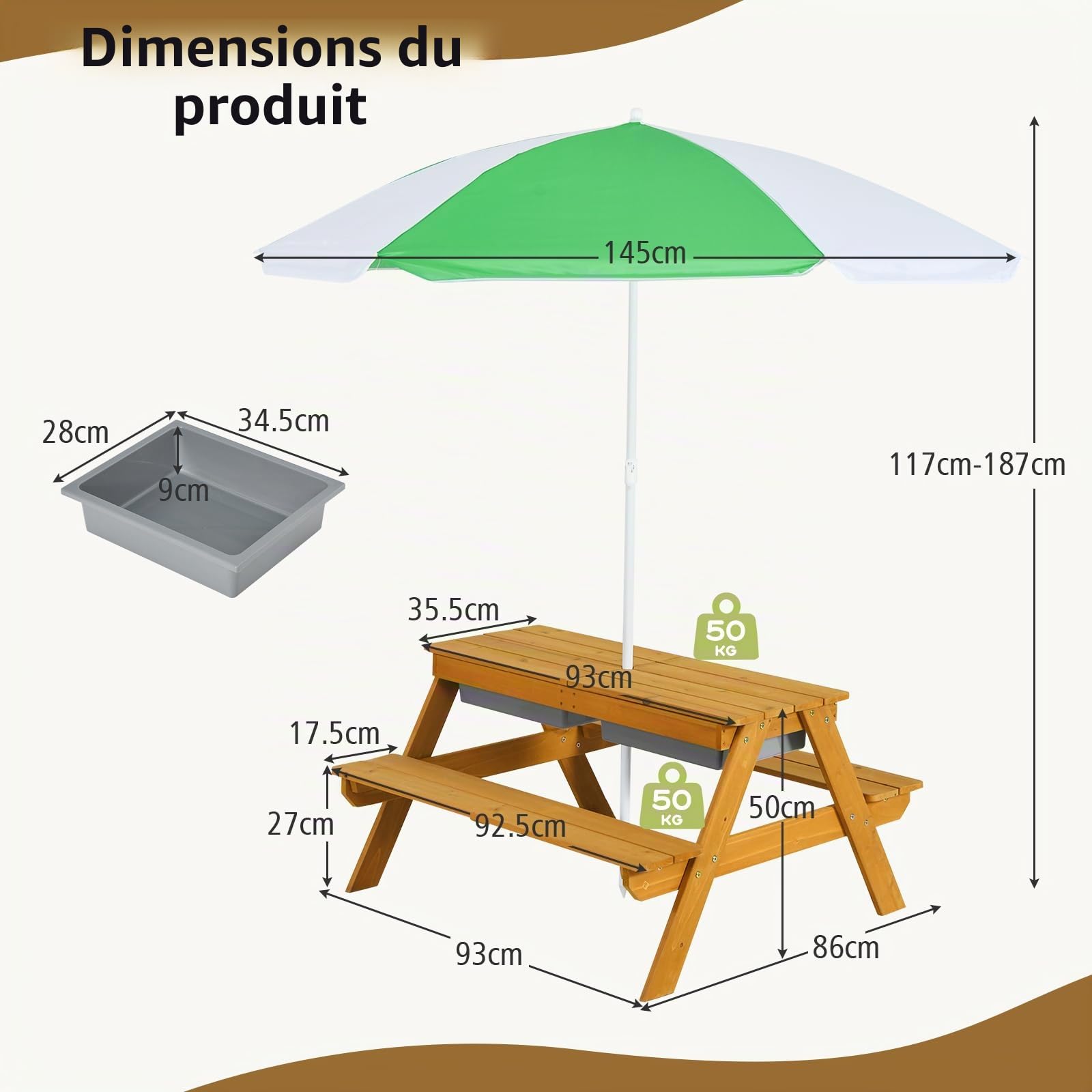 SOARS 3 in 1 Table Exterieur Enfant en Bois de Sapin, avec Parasol Réglable en Hauteur, Plateau de Table Amovible & 2 Boîtes de Jeu, Charge 50KG, pour Garçon & Fille 3-7 Ans (Vert + Blanc)