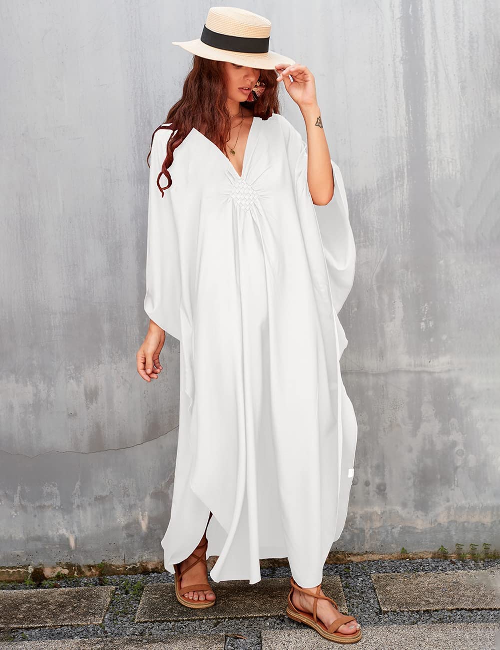 Bsubseach Donna Tinta Unita Coprente con Scollo A V Manica A Pipistrello Plus Size Beach Kaftan Abiti