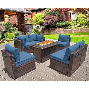 ALAULM Outdoor Patio Furniture Set with Propane Fire Pit Table Outdoor Sectional Sofa Sets(Navy)