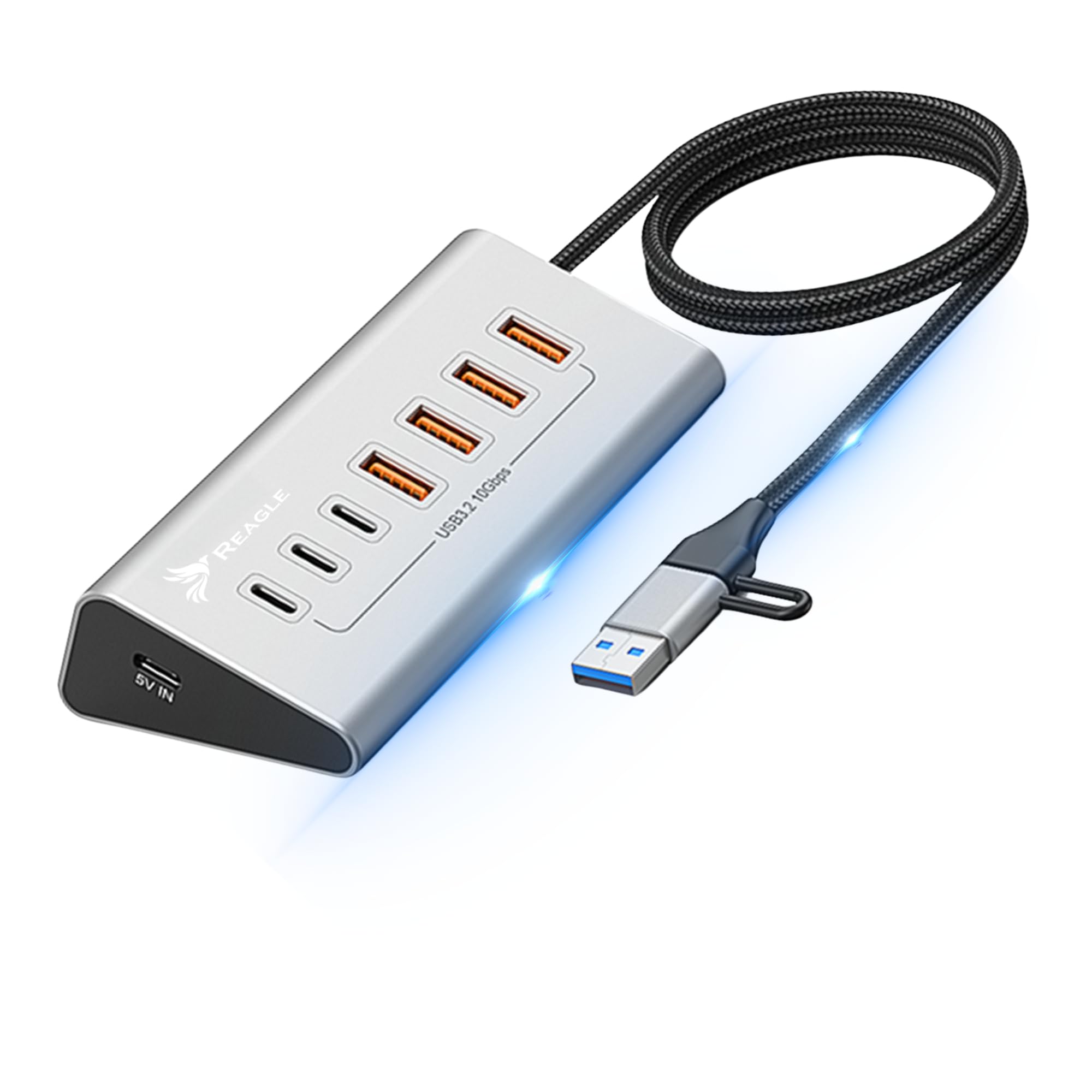 REAGLE Hub a 7 porte, USB 3.2 con cavo da 100 cm per desktop, 7 in 1, 4 x USB-A e 3 x USB-C, Plug and Play, distributore USB in alluminio 10 Gbps, per PC, laptop, MacBook, U-Disk, mouse