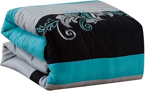 Miniatura 5 de Chezmoi Collection Napa - Juego de edredón de lujo con bordado de hojas de 7 piezas (tamaño King, verde azuladogrisnegro)