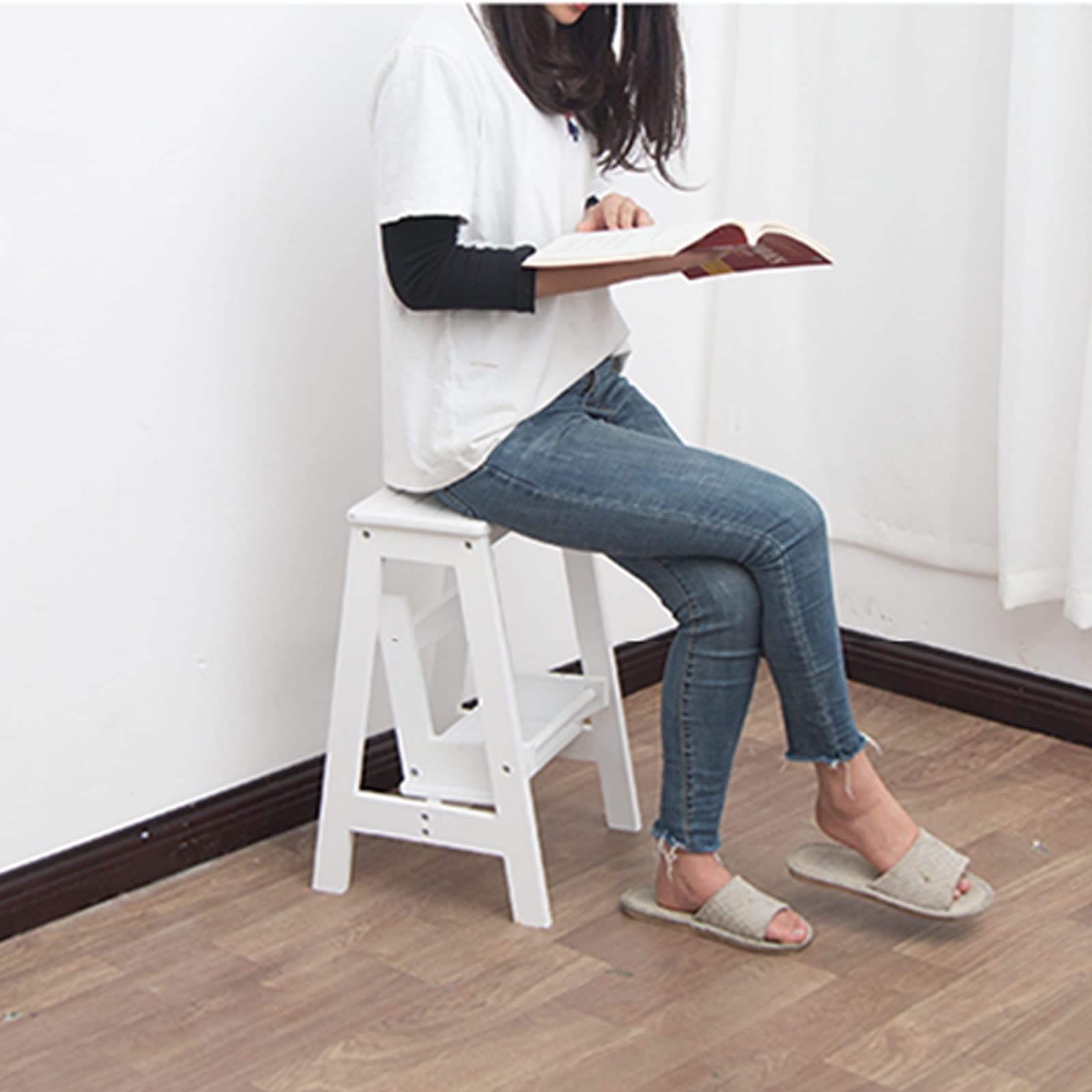 Sgabello Gradino Pieghevole Bianco - 2 Scalini, Legno Massello, Antiscivolo, Portatile - Foto 11