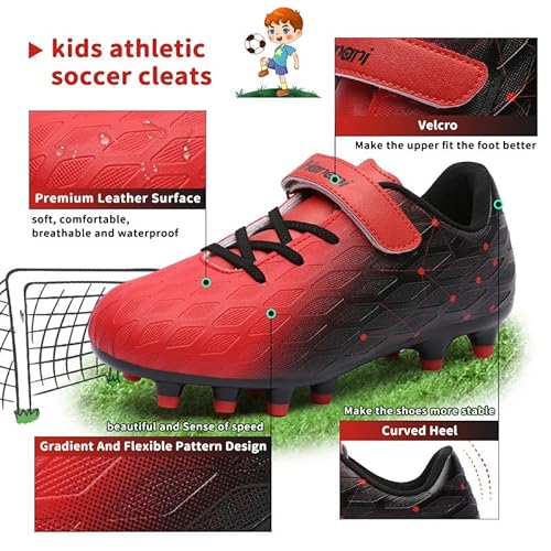 Hanani Kids Soccer Shoes Boys Baseball Cleats Girls Softball Cleat Outdoor & Indoor Firm Ground Youth Football Shoe Anti-Slip Comfortable Flexible Running & Training Unisex Child Black/Red thumb #1