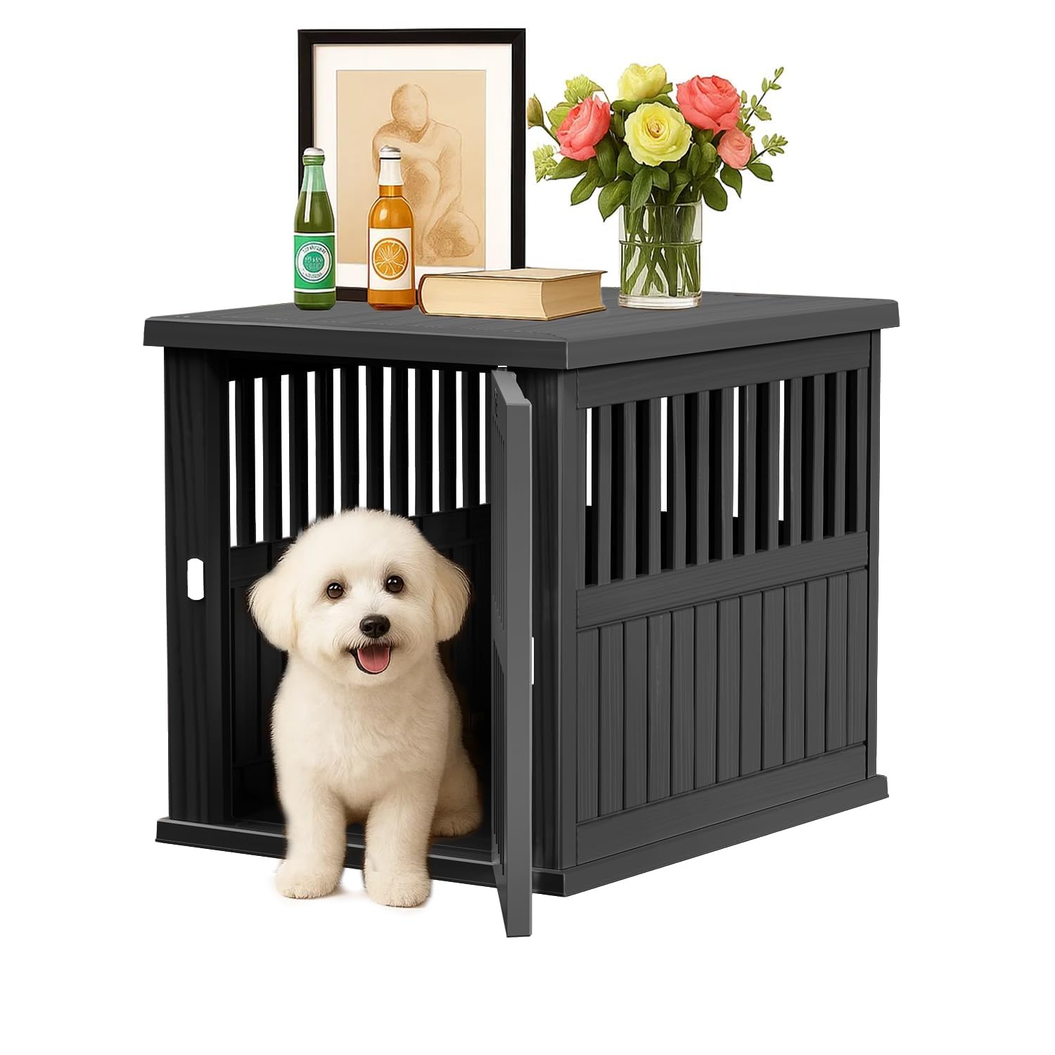 KFY 30 INCH Small Dog Crate Furniture Lockable Dog Kennel Indoor Dog Cage Heavy Duty Decorative Plastic Pet Cage End Table for Small/Medium Dogs, Black
