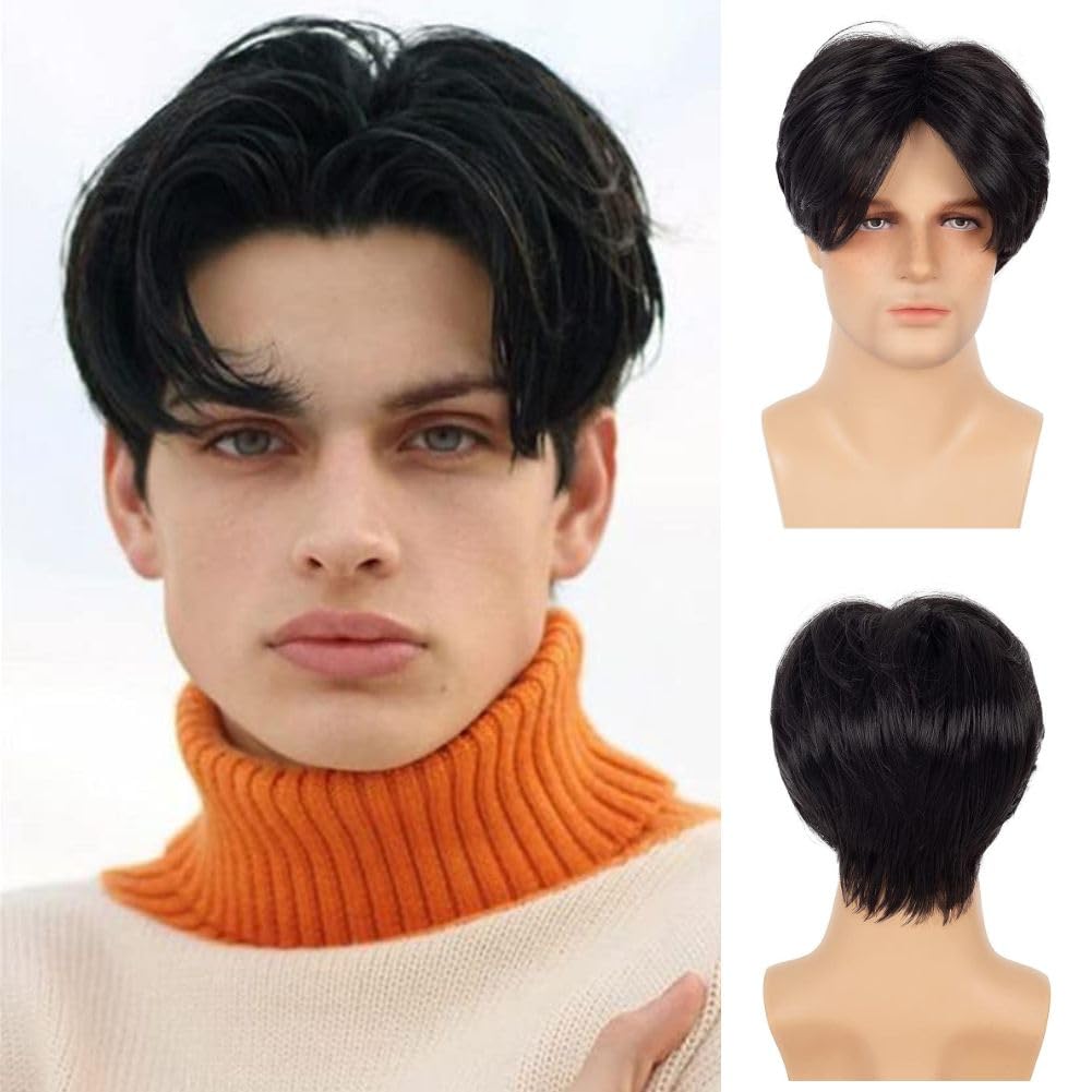 Siudus Mens Black Short Wig Layered Straight Middle Part Hair Wig