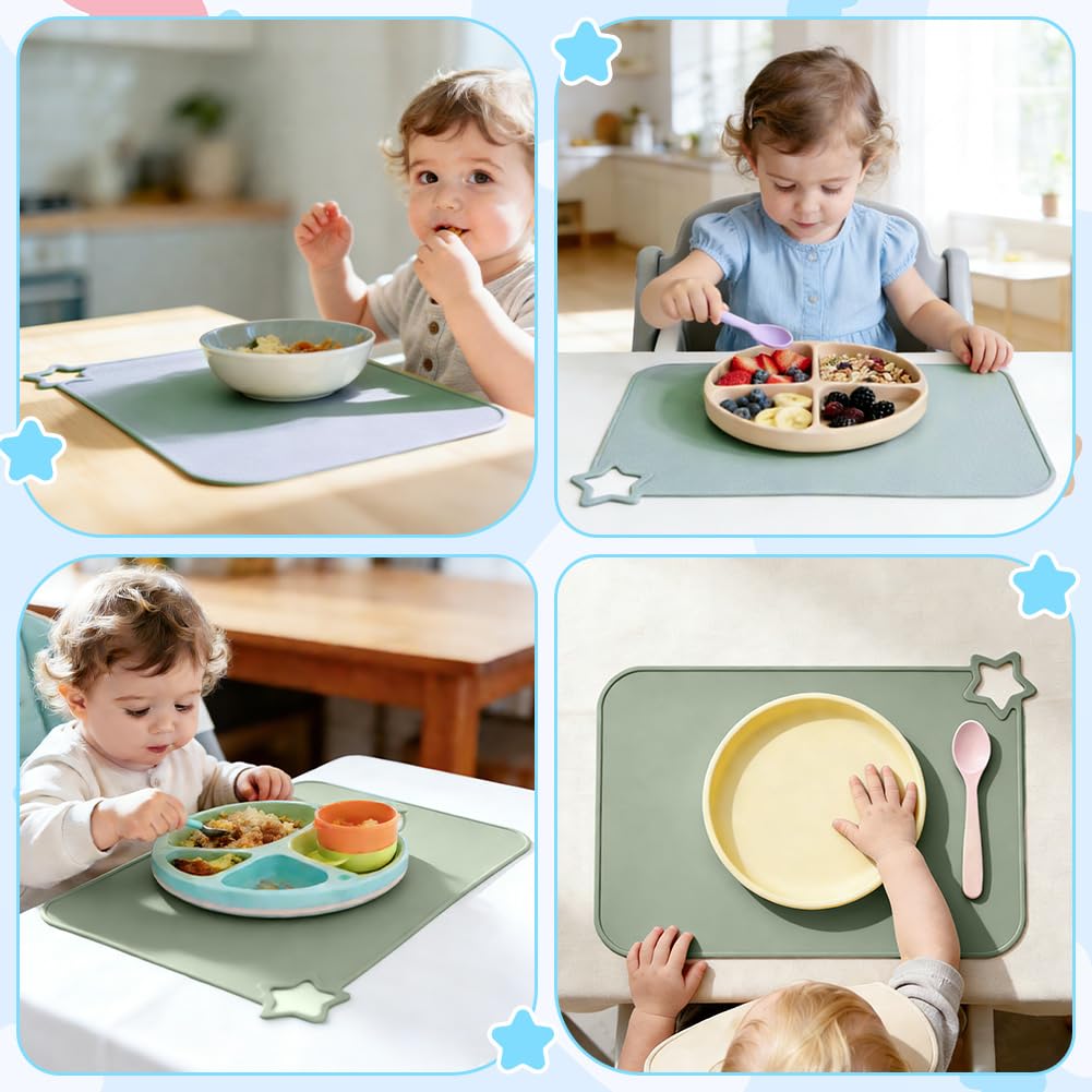 2 Piezas Manteles de Silicona para Bebé, Mantel Individual Infantil, steras de Alimentos portátiles Resistentes, Lavable Antideslizante Portátil Sin BPA Resistente a La Suciedad, Azul/Verde