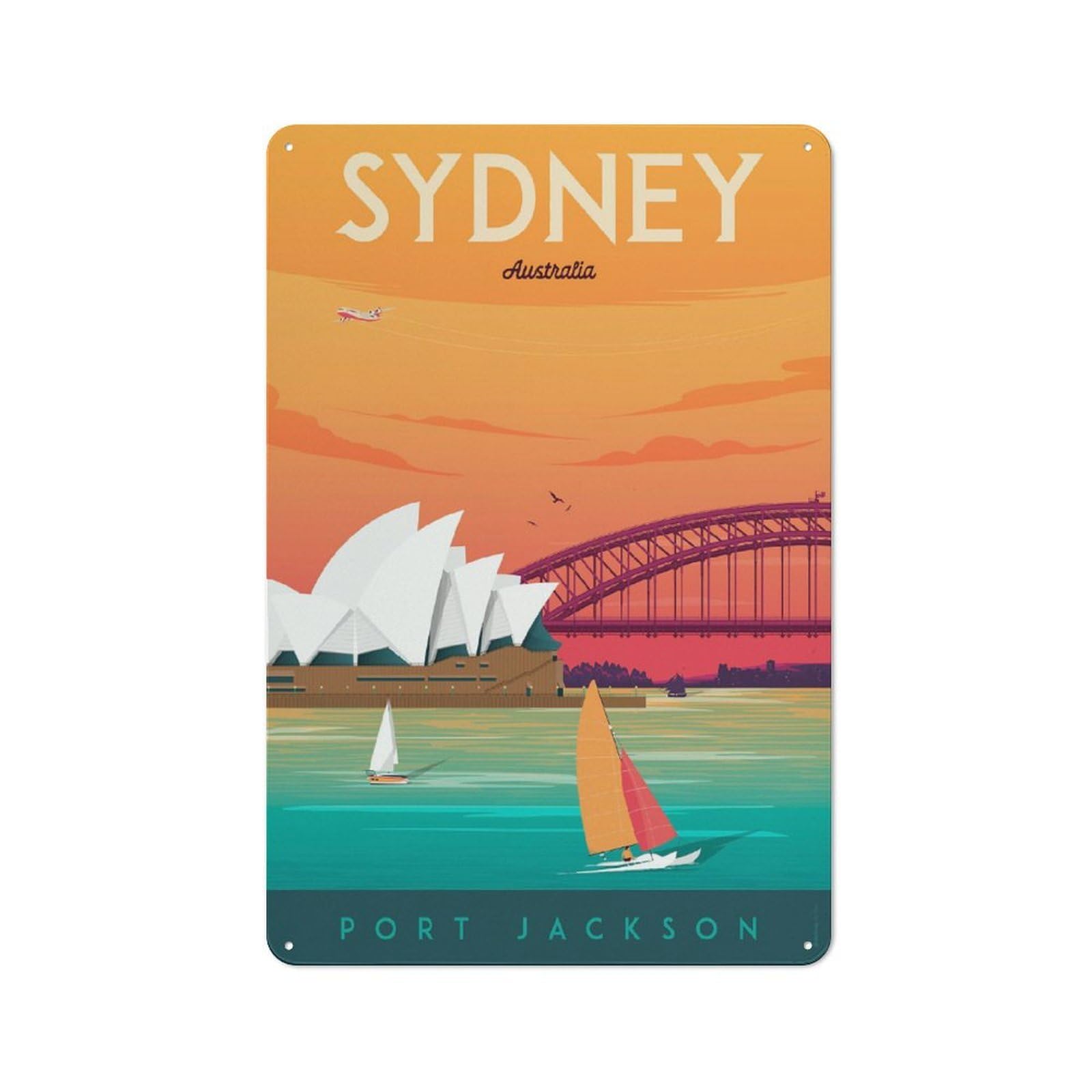 Junmoney Sydney Travel Decorative Tin Sign With Design 30X20cm, Nostalgic Old Style Wall Plaque For Living Room, Hallway, Kitchen Or Cafe