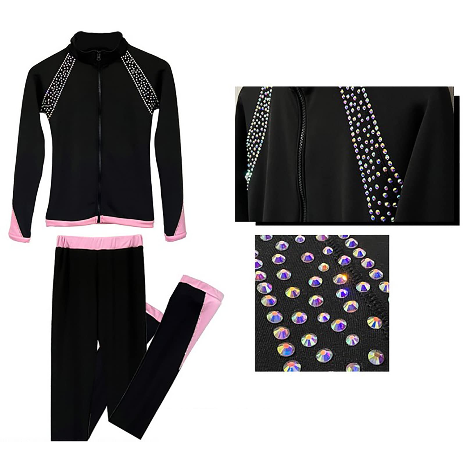 Pantalones de Patinaje Artístico con Diamantes de Imitación, Conjuntos de Chaquetas para Niñas y Niños Pantalones de Patinaje sobre Hielo(Size:XSG,Color:Arriba+Pant)