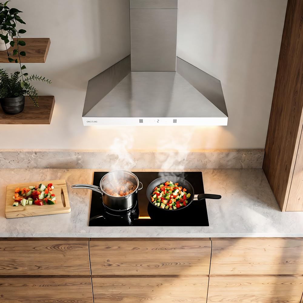Cecotec Hotte Aspirante Pyramidale 60 cm Bolero Flux PT 604400 Inox A+++. Verre Frontal Blanc, Aspiration 449,5 m³/h, Commande Tactile Invisible, Fonction Booster, Filtres Lavables, Classe A+++