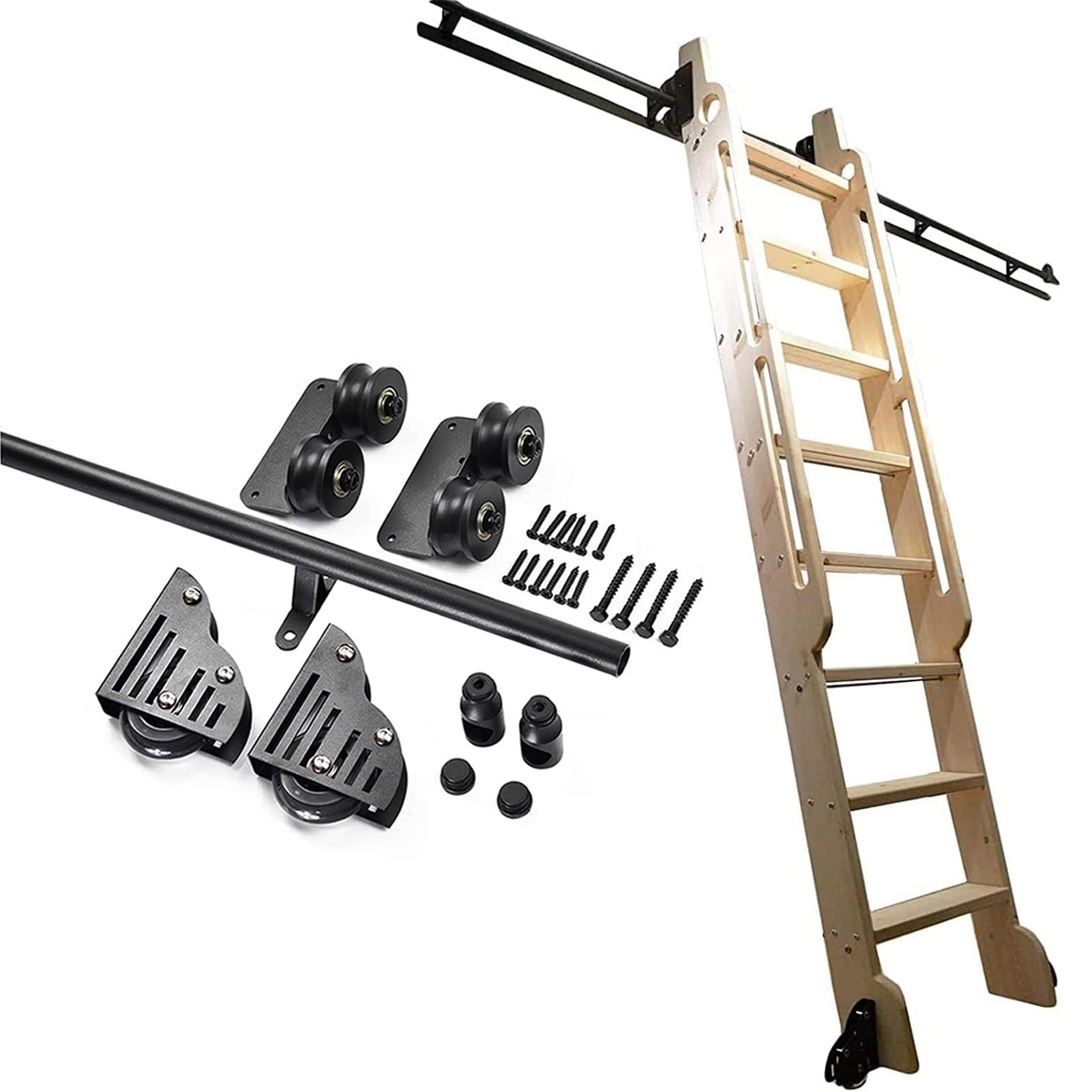 GHFXSCV Complete Rolling Library Ladder Hardware Set, Round Tube Sliding Track with Floor Roller Wheels, for Home Office Loft (12ft/366cm Track kit)