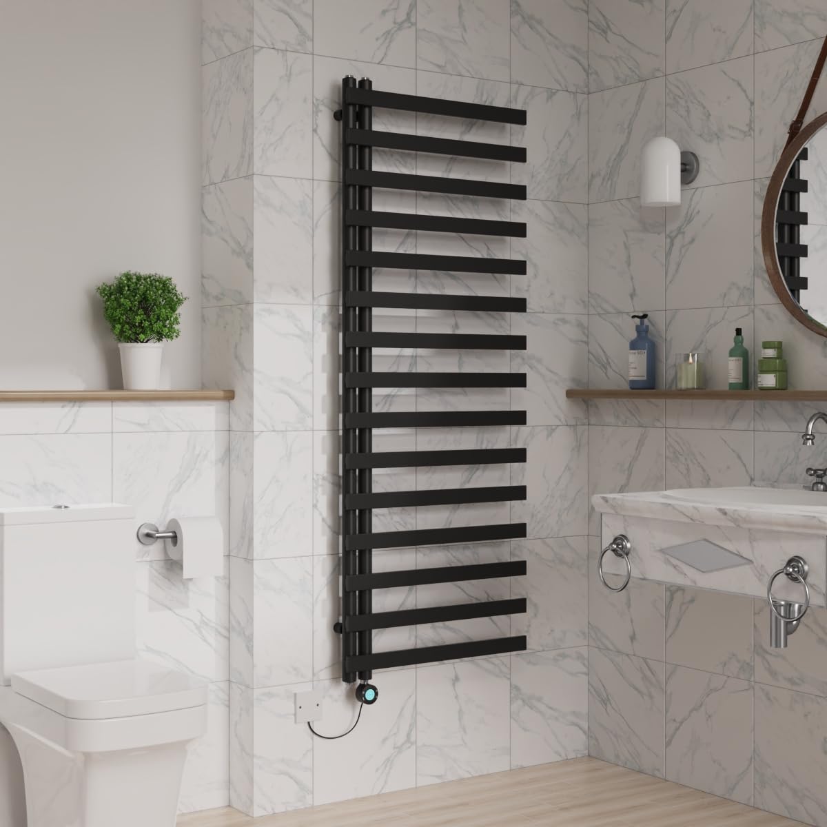 Warmehaus Minimalist Electric Thermostatic Bathroom Heated Towel Rail Radiator 1600x600mm 800W Black