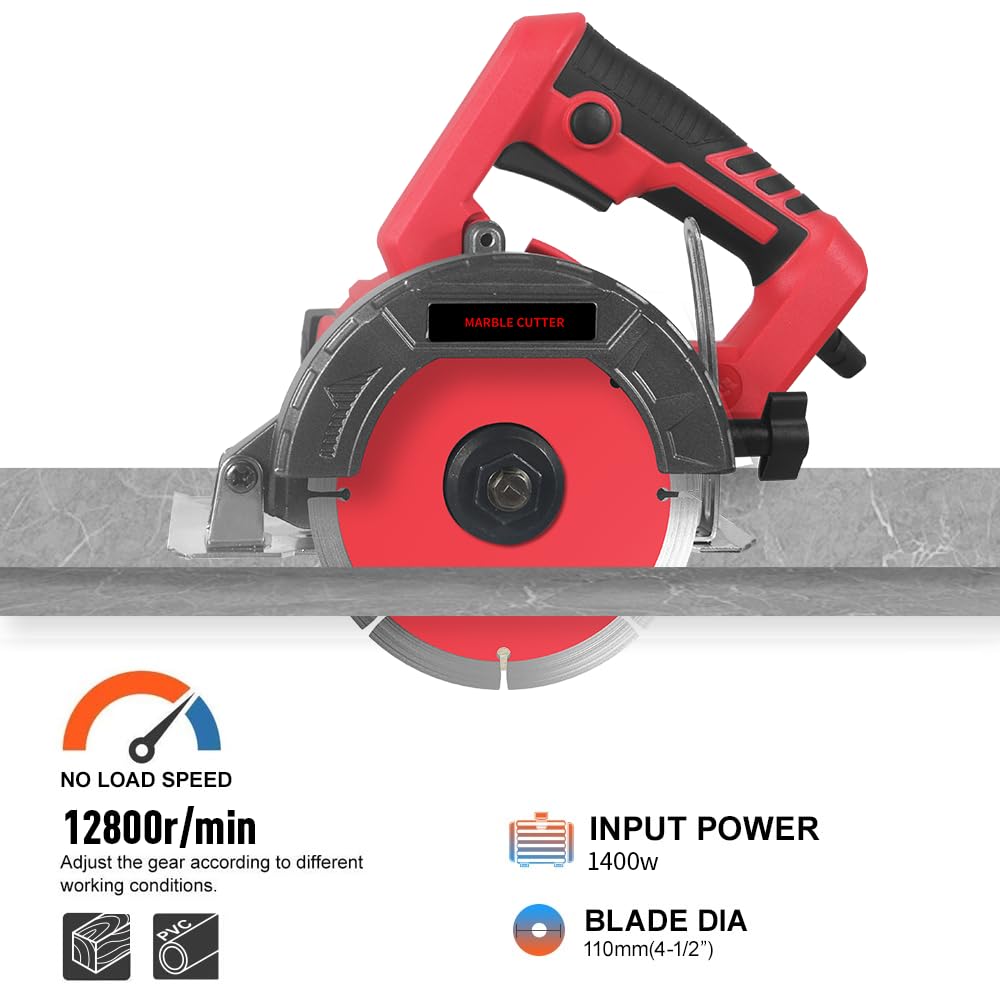 Hancaner Sierra de piedra seca, 1400 W, incl. Ø 110 mm, disco de corte muy resistente, corte de fase de 12800 rev/min y 0-45 grados de mármol, azulejos, cerámica, madera, PVC