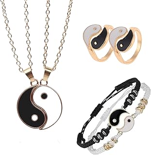 6 pieces Yin Yang Adjustable Cord Bracelet Set for Couple Yin Yang Matching Pendant Necklace for BFF Yin Yang Tai Chi Ring Band for Friendship Boyfriend Girlfriend