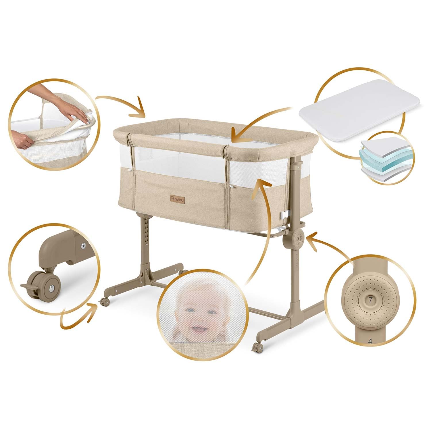 Nukido Babybett Beistellbett Reisebett - Bis 9 kg 5 Monate - Mit Matratze - Klappbar - Auf Rollen - Höhenverstellbar - Beige