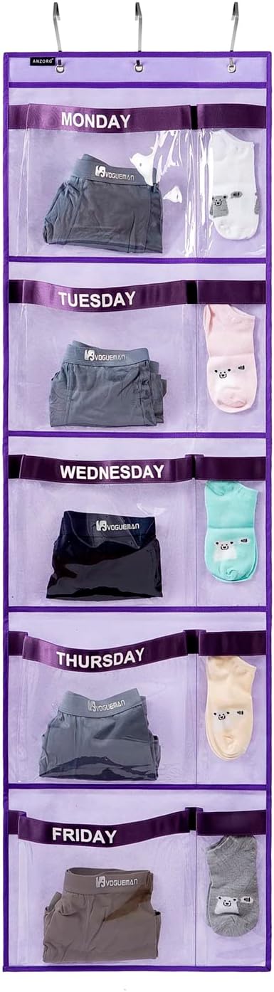 Weekly kids clothes organizer for school with hanging closet purple