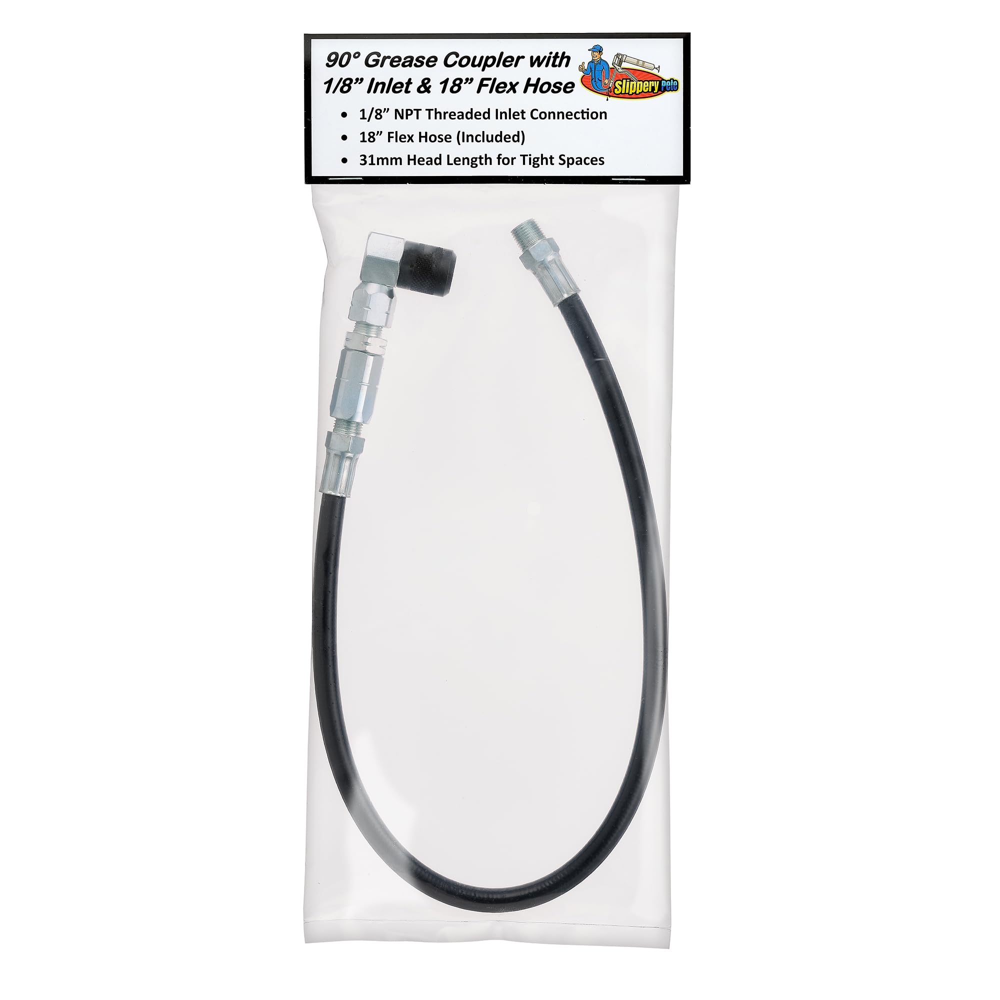 Slippery Pete Acoplador de pistola de grasa de 90 grados, manguera flexible de 18 pulgadas, conexión roscada, cabezal giratorio, accesorios de pistola de grasa, cabezal de 31 mm de longitud para