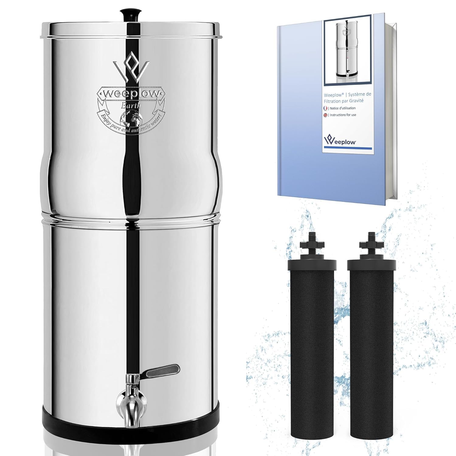Weeplow® Earth ECO - grawitacyjny system filtracji wody 8,5 l l AISI 304 z 2 elementami oczyszczającymi O'Pure 2 i 100% kran ze stali nierdzewnej (stal nierdzewna, 8,5L ECO)