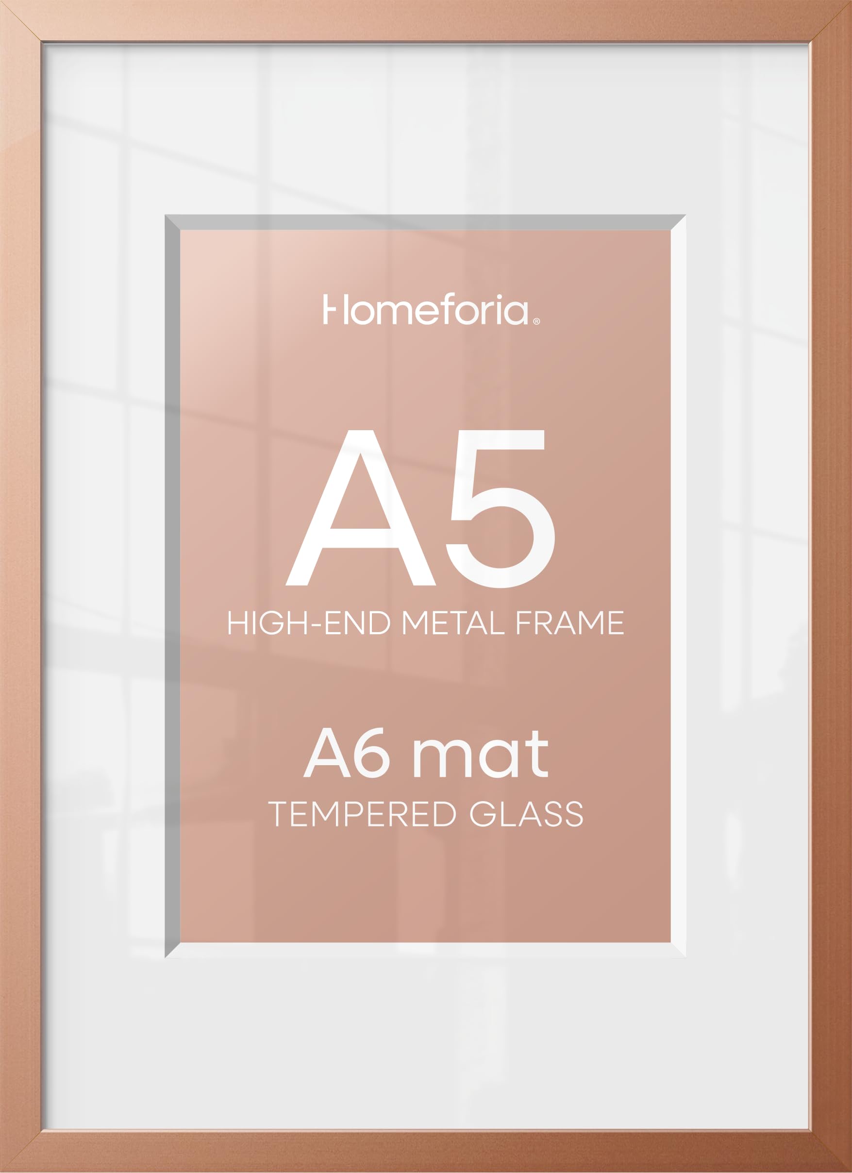 Homeforia A5 Rose Picture Frame, High-End Metal, A6 Mat, Glass | High End Aluminum, Tempered Glass, Acid-Free A6 Removable Mat, A5 Edge-to-Edge Display, Wall Kit, Set Of 1