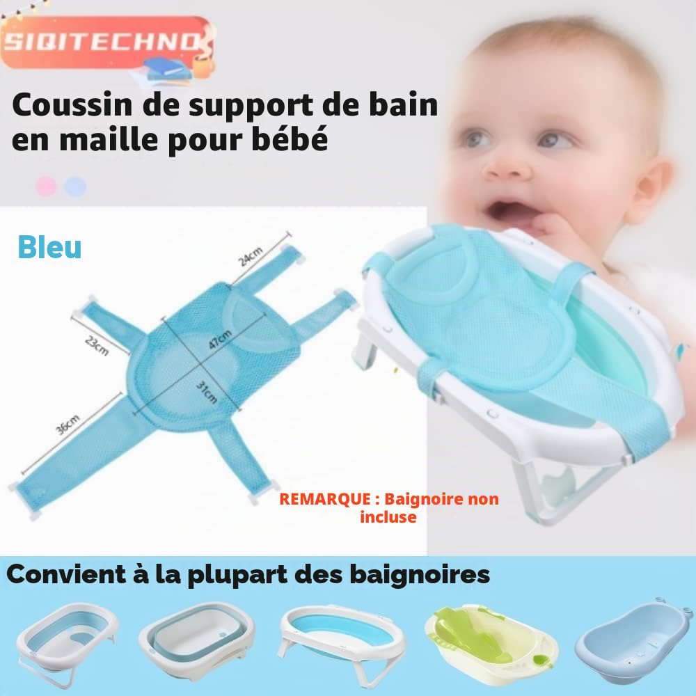 Tapis de Bain Bébé Filet de Bain antidérapant avec Ceinture de sécurité Maille réglable Bleu
