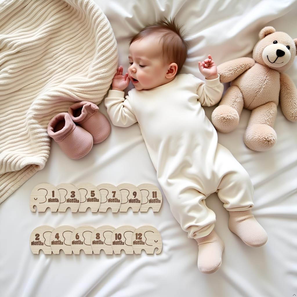 Kate & Milo Meilenstein-Requisiten aus Holz, monatliche Baby-Foto-Scheiben, Neugeborene Andenken, Fotos, Geschenk für neue und werdende Eltern, Elefant