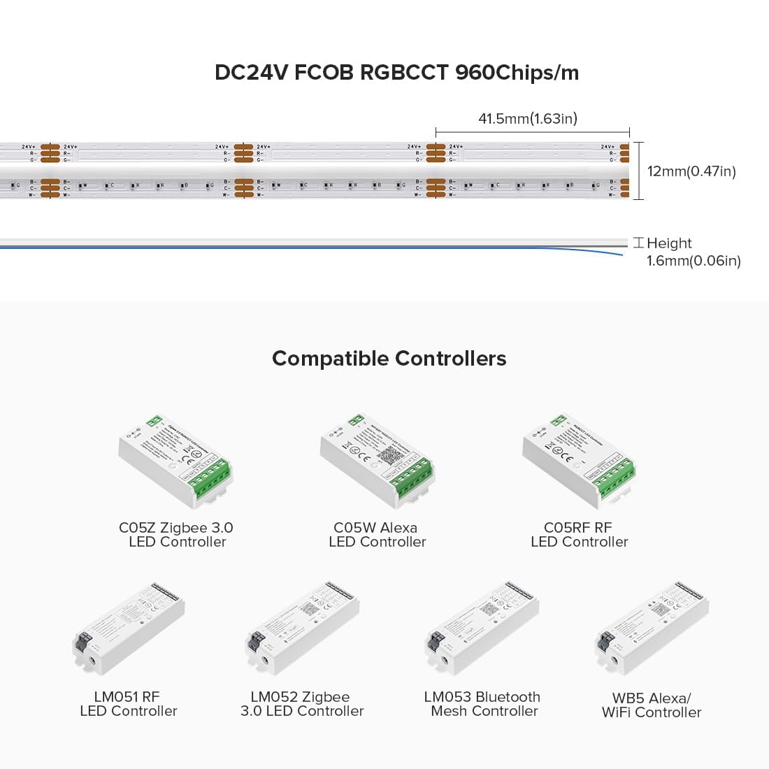 BTF-LIGHTING FCOB COB RGBCCT Flexible Hohe Dichte LED-Streifen COB RGBCCT LED Strip 5M 960LED/M DC24V 18W/M IP30 Mehrfarbig für TV Zimmer Party DIY Heimdekoration(Nicht inhalt Controller&Netzteil)