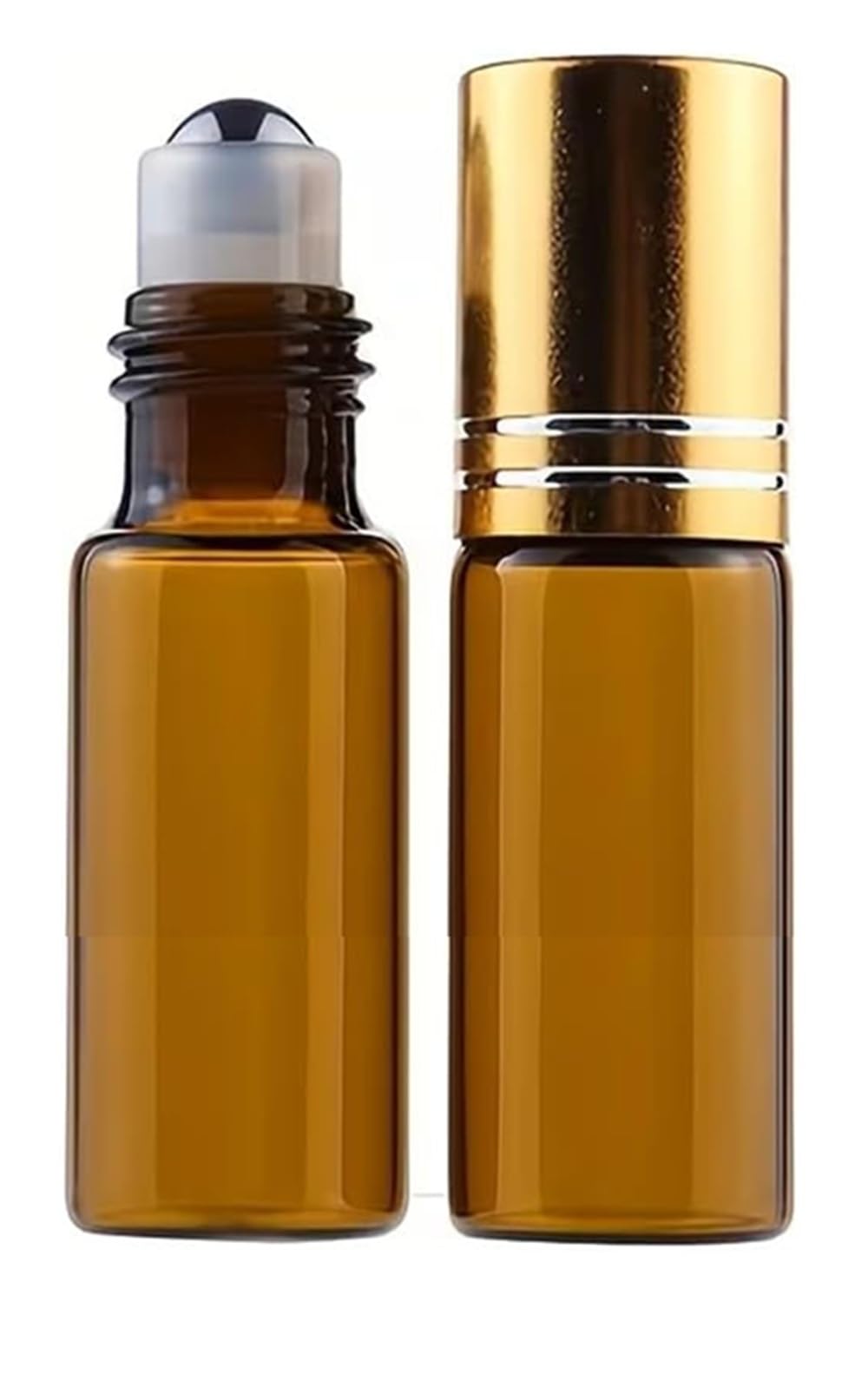 CMJ™ 2 x 5ml Amber Brown Metal Roller Ball Glass Bottles with GOLD SILVER Lid Roll On Essential Oils UK Seller