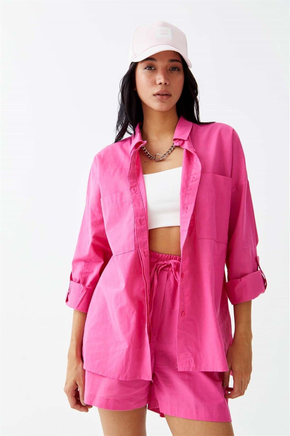 Camiseta Manga Corta Mujer, Camisetas De Mujer, Pantalones Cortos, Conjuntos De 2 Piezas, Trajes, Rosa, Rojo, Solapa Sólida, Camisa Con Botones, Atuendo De Verano, Mangas Largas Plegables, Bolsillo