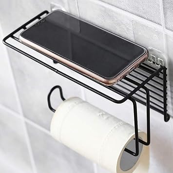 Zeinwap Self Adhesive Wall Mounted Toilet Paper Holder - Tissue Roll Holder with Storage Shelf Iron Black Coated (Metal, 1 Pc)