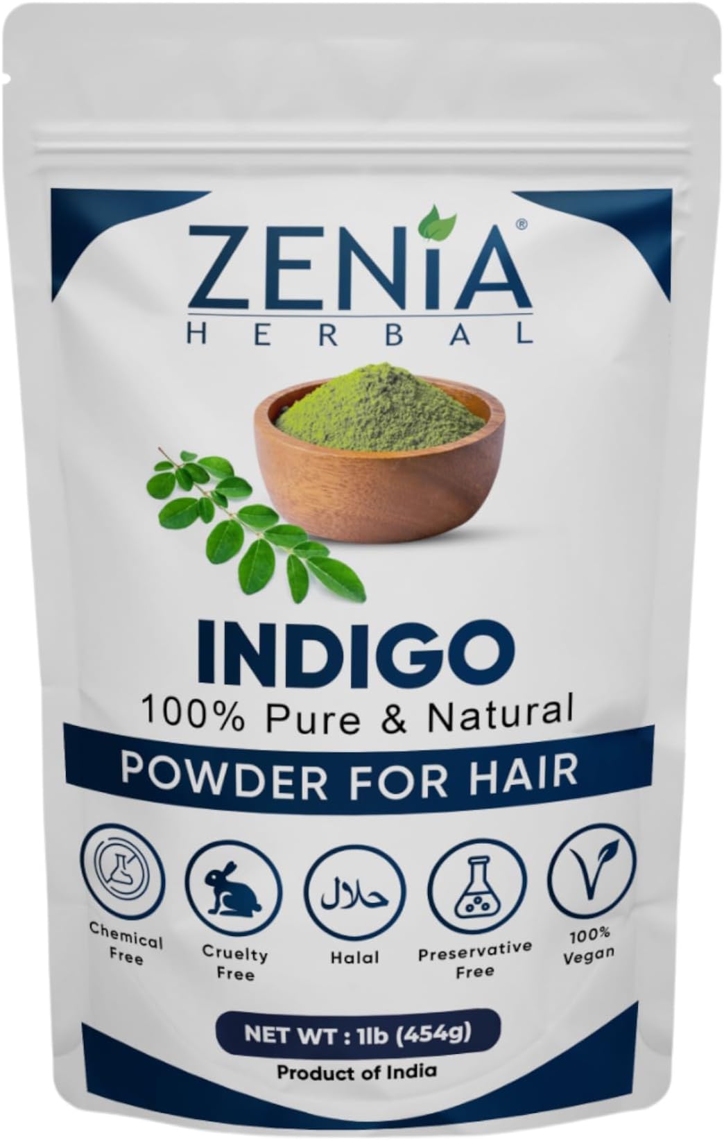 Zenia Indigo Powder (Indigofera Tinctoria) | Hair/Beard Dye Color 1lb (454g) | 100% Pure & Natural | No Preservatives
