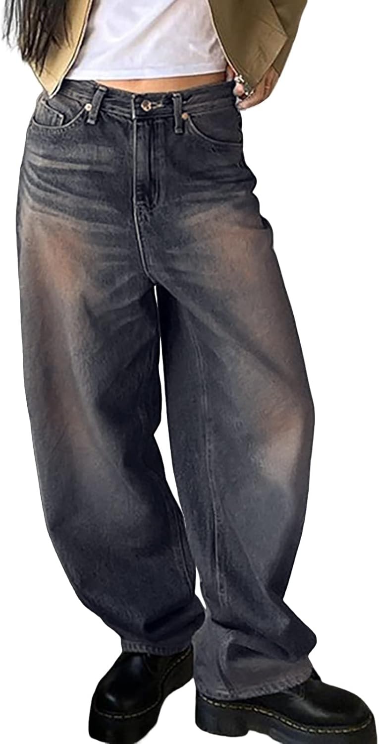 Women's Fashion Street Loose Washed Polished Waist Straight Pants Jeans Denim Trousers Denim Waist