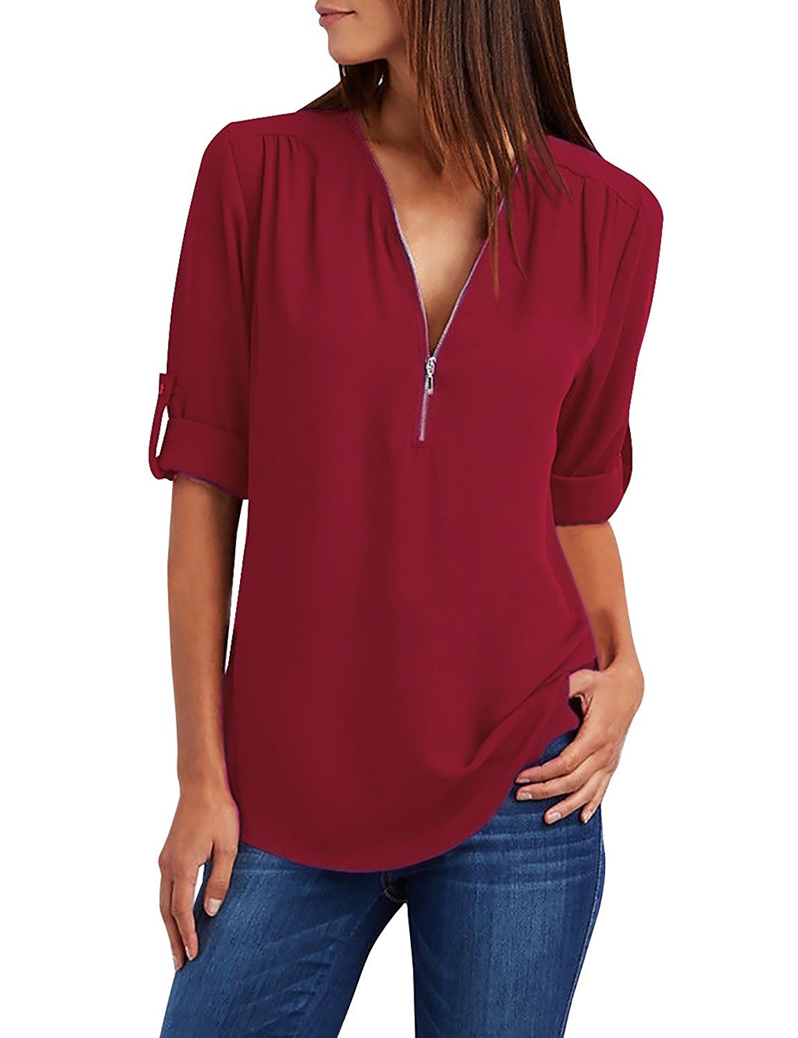 Yuson Girl Camisas Mujer Nuevo Blusas para Mujer Vaquera Sexy Gasa Tops Camisetas Mujer Cremallera Manga Corta Blusas
