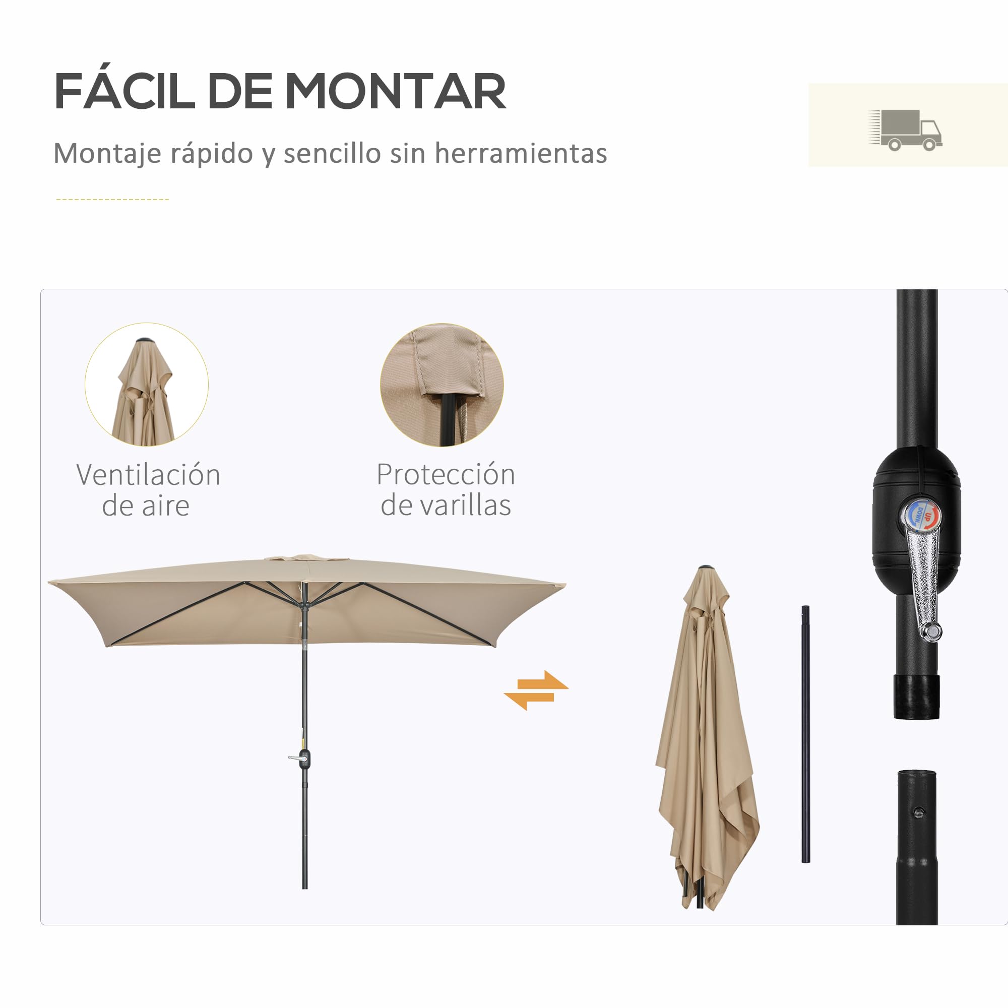 Outsunny Sombrilla de Aluminio 200x300x253 cm Inclinable Manivela Caqui | Parasol Rectangular de Jardín, Poste Desmontable, para Terraza Piscina Patio Exterior