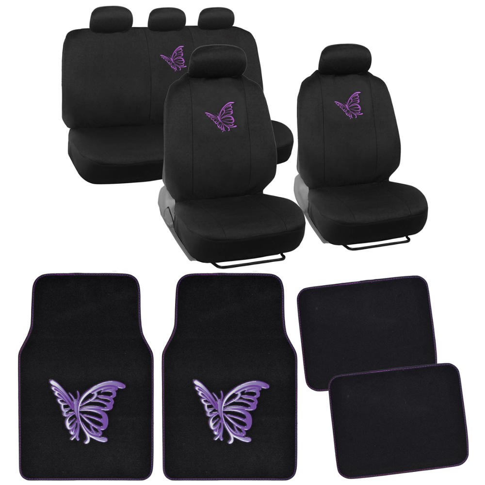 BDK 13pc Butterfly Purple Combo Auto Interior Gift Set : Seat Covers and Matching Carpet Floor Mats