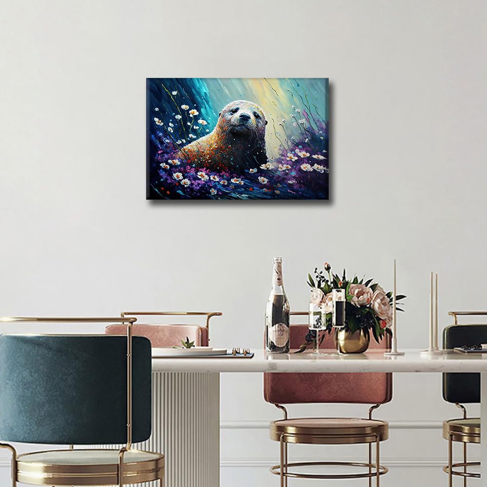 TISHIRON Canvas Wall Art Cute Little Seal Cub Prints Animal Smile Face Painting for Home Office Children Room Wall Decoration Stretched Ready to Hang 18 x12Inch - Image 4